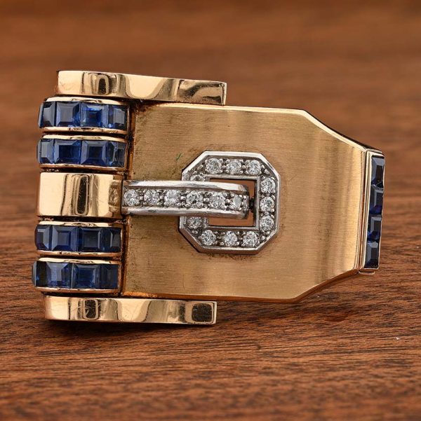 Art Deco Italian Weingrill Sapphire Diamond Gold Buckle Clip Bangle Bracelet, wide 18ct yellow gold bangle with detachable sapphire diamond buckle clip brooch, Circa 1925