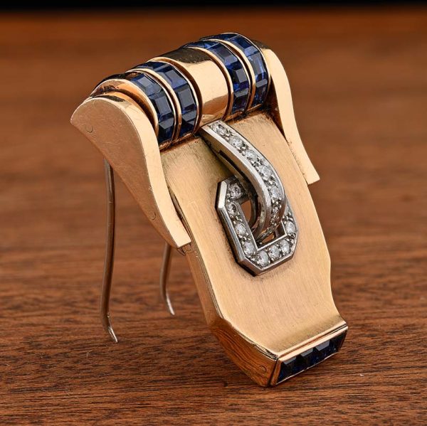 Art Deco Italian Weingrill Sapphire Diamond Gold Buckle Clip Bangle Bracelet, wide 18ct yellow gold bangle with detachable sapphire diamond buckle clip brooch, Circa 1925