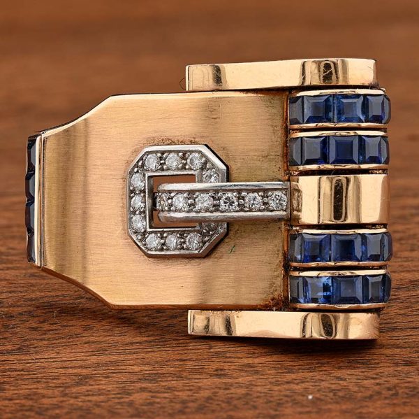 Art Deco Italian Weingrill Sapphire Diamond Gold Buckle Clip Bangle Bracelet, wide 18ct yellow gold bangle with detachable sapphire diamond buckle clip brooch, Circa 1925