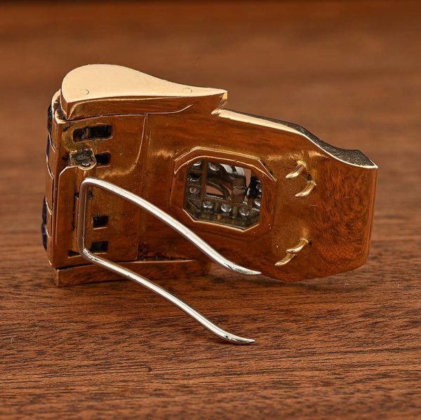 Art Deco Italian Weingrill Sapphire Diamond Gold Buckle Clip Bangle Bracelet, wide 18ct yellow gold bangle with detachable sapphire diamond buckle clip brooch, Circa 1925