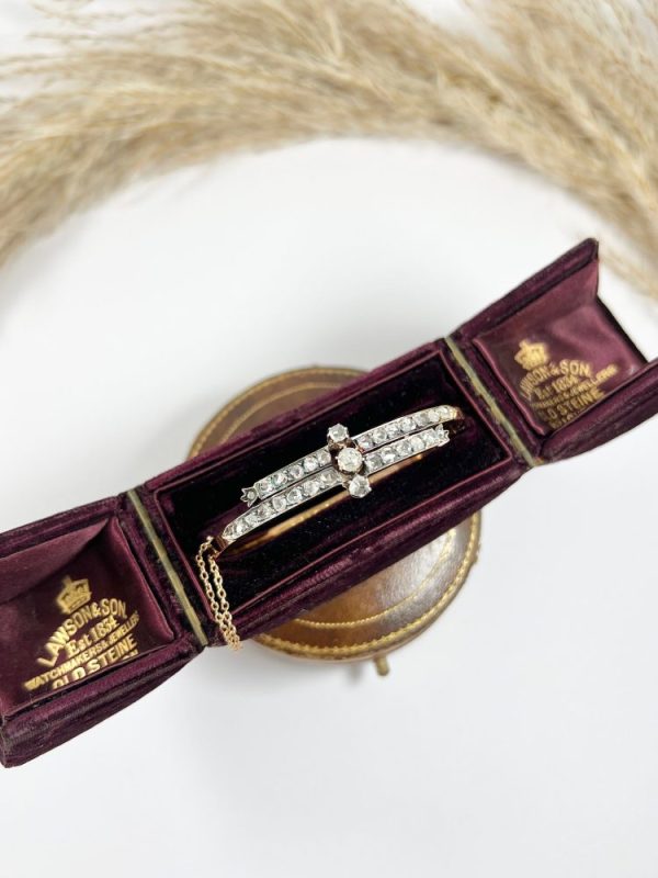 Victorian diamond two row bangle in rose gold.
