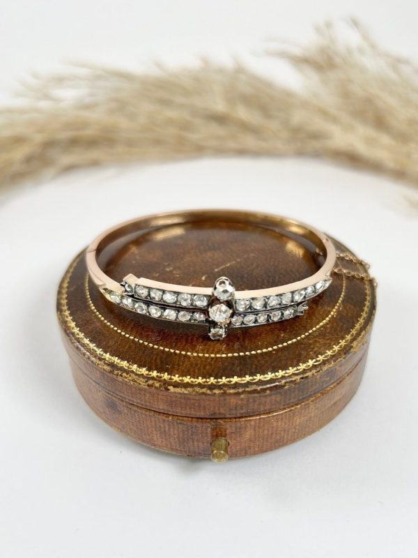 Victorian diamond two row bangle in rose gold.