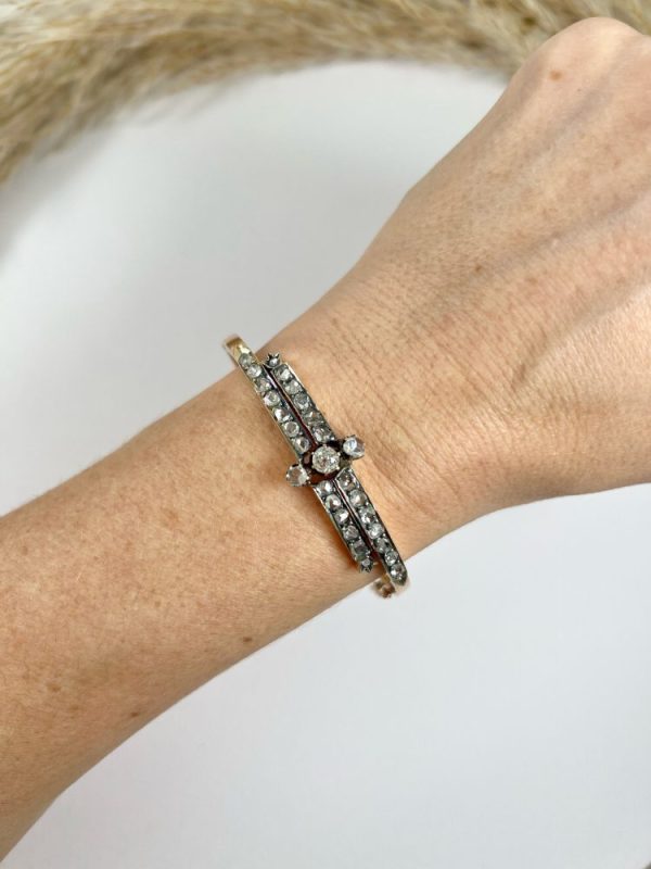 Victorian diamond two row bangle in rose gold.