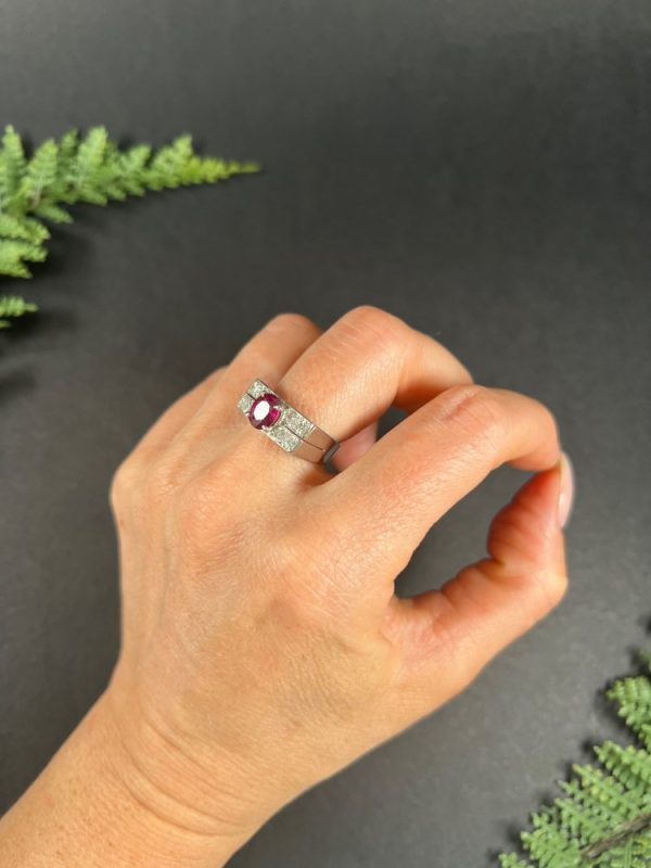 Vintage diamond and ruby cocktail ring in white gold.