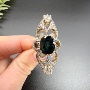 Antique sapphire and diamond long panel ring, Edwardian period circa 1910 round sapphire and diamond panel border 18ct gold