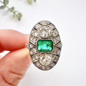 Emerald and diamond oval Deco style ring