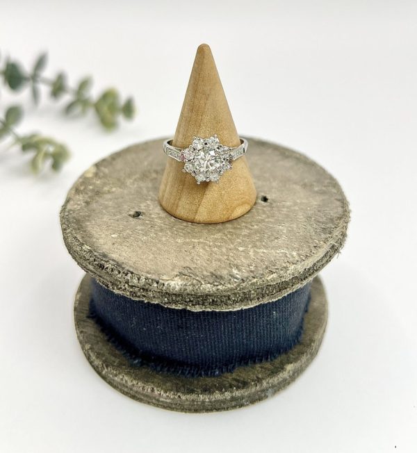 Diamond daisy cluster ring in platinum.