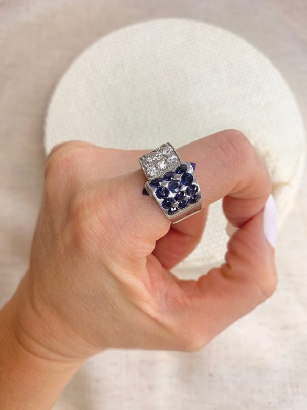 Vintage diamond and sapphire cocktail ring in platinum.