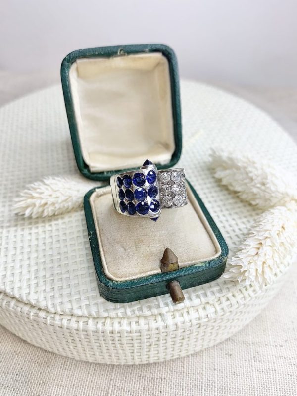 Vintage diamond and sapphire cocktail ring in platinum.
