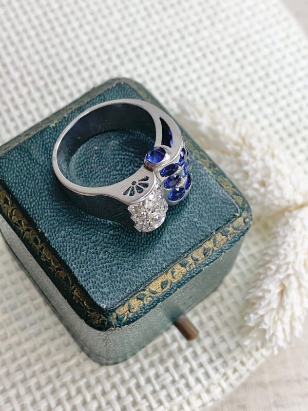 Vintage diamond and sapphire cocktail ring in platinum.