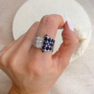 Vintage diamond and sapphire cocktail ring in platinum.