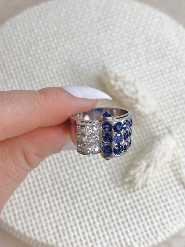 Vintage diamond and sapphire cocktail ring in platinum.