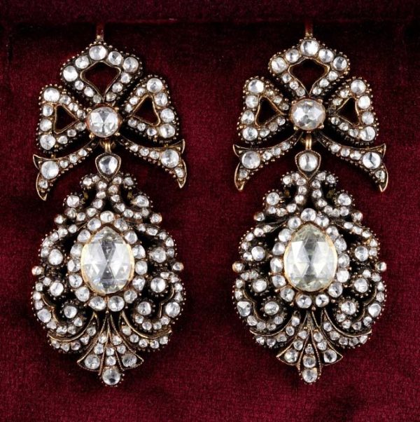 Vintage Georgian Antique Style Rose Cut Diamond Pendeloque Earrings, set with 11.60 carats of pear and round Dutch rose cut diamonds in silver to 9ct gold