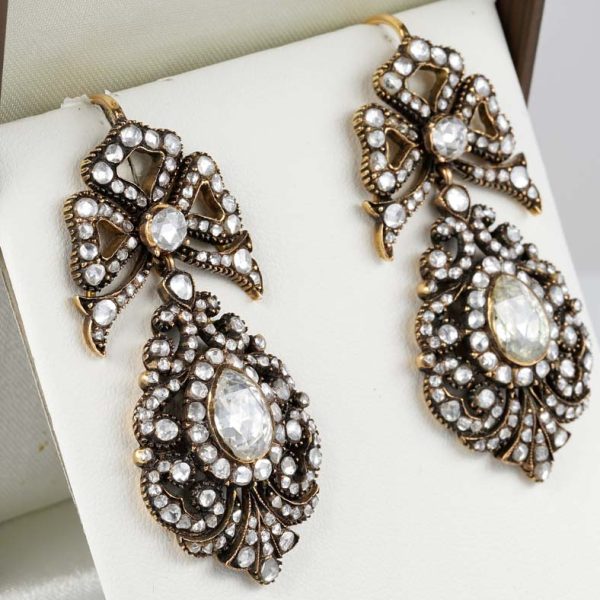 Vintage Georgian Antique Style Rose Cut Diamond Pendeloque Earrings, set with 11.60 carats of pear and round Dutch rose cut diamonds in silver to 9ct gold
