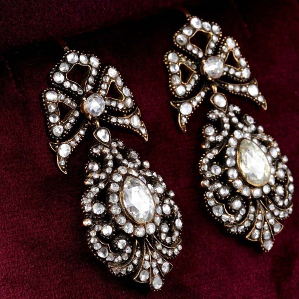 Vintage Georgian Antique Style Rose Cut Diamond Pendeloque Earrings, set with 11.60 carats of pear and round Dutch rose cut diamonds in silver to 9ct gold