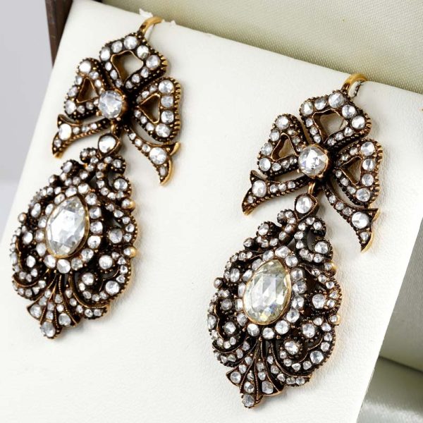 Vintage Georgian Antique Style Rose Cut Diamond Pendeloque Earrings, set with 11.60 carats of pear and round Dutch rose cut diamonds in silver to 9ct gold