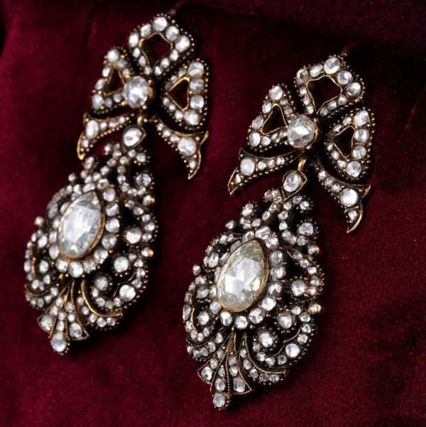 Vintage Georgian Antique Style Rose Cut Diamond Pendeloque Earrings, set with 11.60 carats of pear and round Dutch rose cut diamonds in silver to 9ct gold