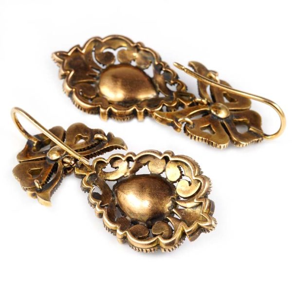 Vintage Georgian Antique Style Rose Cut Diamond Pendeloque Earrings, set with 11.60 carats of pear and round Dutch rose cut diamonds in silver to 9ct gold