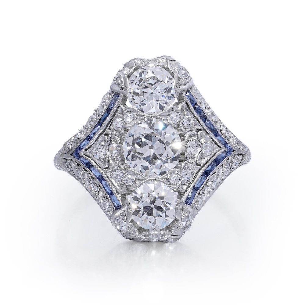 Art Deco diamond dress ring, north to south cocktail ring platinum Old European diamonds and sapphire detail