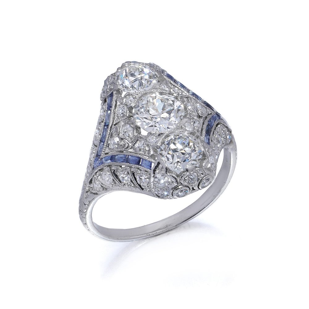 Fine Art Deco diamond ring panel with old cut diamond and sapphires in platinum