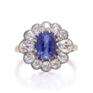 Art Deco 2ct Royal Blue Burma Sapphire and Diamond Cluster Ring, No Heat