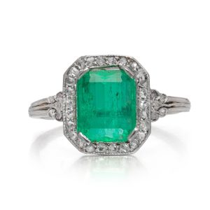 Art Deco Colombian Emerald and Diamond Cluster Engagement Ring