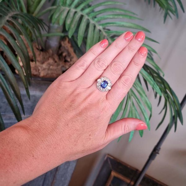 Vintage 2ct Natural No Heat Burma Sapphire and 2ct Diamond Cluster Engagement Ring in 18ct White Gold certified Burma origin no indication of heat treatment