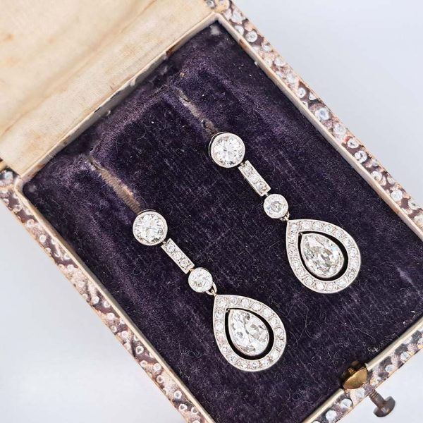 Early Art Deco 3ct Pear Old Cut Diamond Cluster Drop Earrings in Platinum