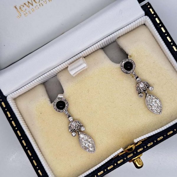 Art Deco 2.2ct Marquise Diamond and Cabochon Sapphire Drop Earrings in Platinum, Cabochon sapphire rose-cut diamond cluster tops suspend diamond umbrella