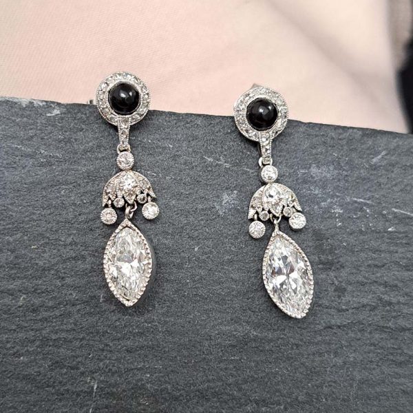 Art Deco 2.2ct Marquise Diamond and Cabochon Sapphire Drop Earrings in Platinum, Cabochon sapphire rose-cut diamond cluster tops suspend diamond umbrella