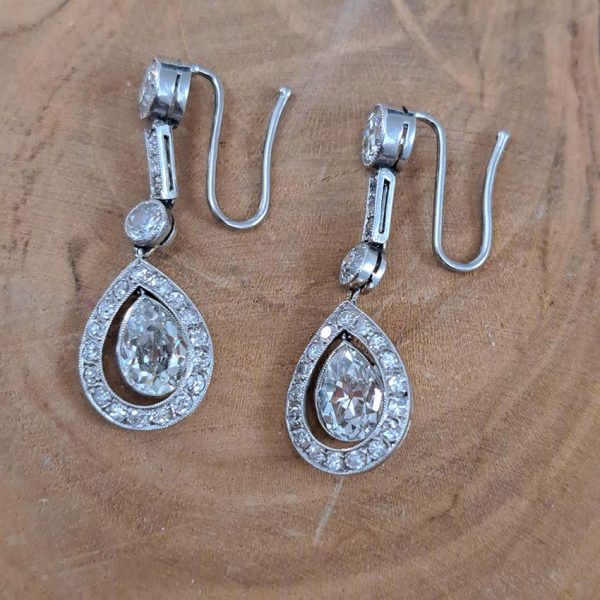 Early Art Deco 3ct Pear Old Cut Diamond Cluster Drop Earrings in Platinum