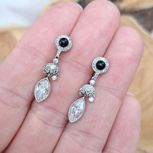 Art Deco 2.2ct Marquise Diamond and Cabochon Sapphire Drop Earrings in Platinum, Cabochon sapphire rose-cut diamond cluster tops suspend diamond umbrella