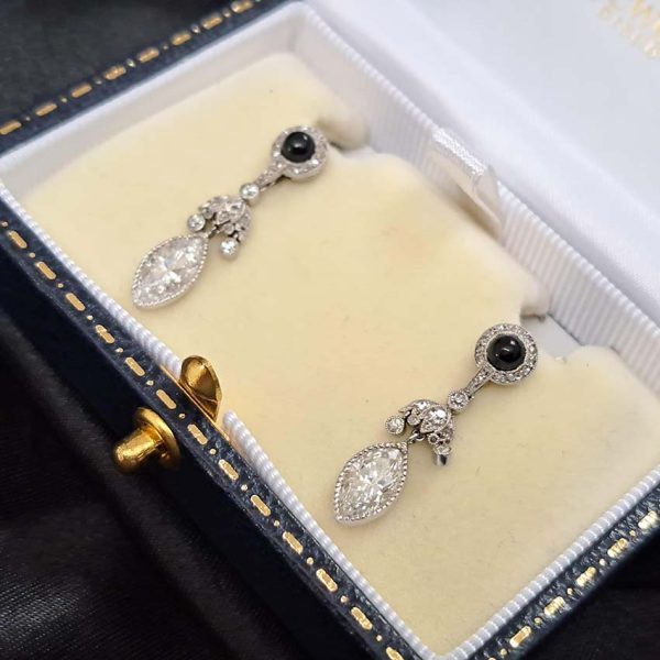 Art Deco 2.2ct Marquise Diamond and Cabochon Sapphire Drop Earrings in Platinum, Cabochon sapphire rose-cut diamond cluster tops suspend diamond umbrella
