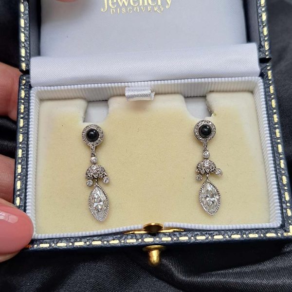 Art Deco 2.2ct Marquise Diamond and Cabochon Sapphire Drop Earrings in Platinum, Cabochon sapphire rose-cut diamond cluster tops suspend diamond umbrella