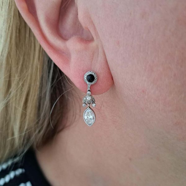 Art Deco 2.2ct Marquise Diamond and Cabochon Sapphire Drop Earrings in Platinum, Cabochon sapphire rose-cut diamond cluster tops suspend diamond umbrella