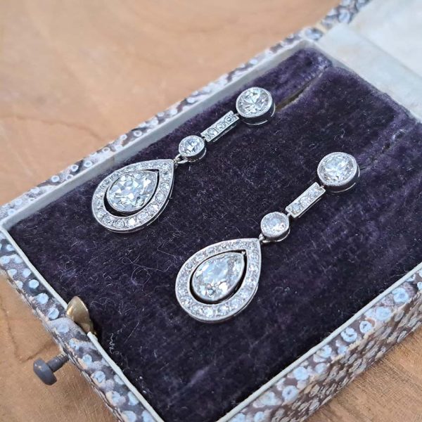 Early Art Deco 3ct Pear Old Cut Diamond Cluster Drop Earrings in Platinum
