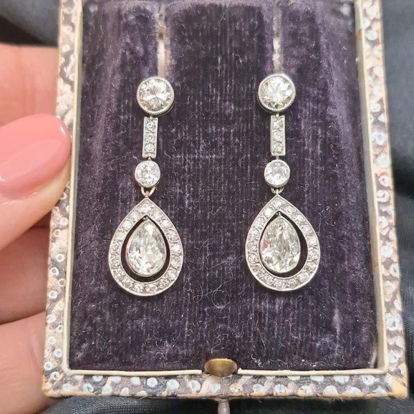 Early Art Deco 3ct Pear Old Cut Diamond Cluster Drop Earrings in Platinum