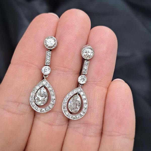 Early Art Deco 3ct Pear Old Cut Diamond Cluster Drop Earrings in Platinum