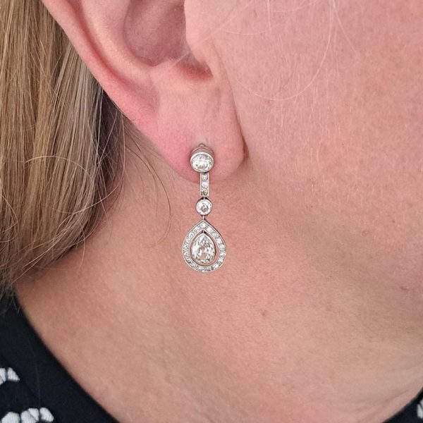 Early Art Deco 3ct Pear Old Cut Diamond Cluster Drop Earrings in Platinum
