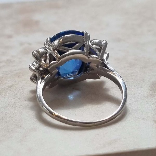 Vintage French Certified 9.13ct Oval Natural No Heat Ceylon Sapphire and Marquise Diamond Engagement Ring in Platinum