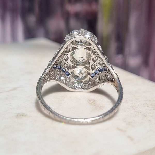Antique Art Deco Edwardian diamond and Sapphire dinner ring, the eye catching cocktail ring set with old cut diamonds in platinum, milliegrain setting 1920s
