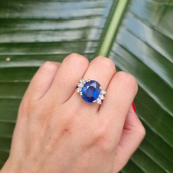 Vintage French Certified 9.13ct Oval Natural No Heat Ceylon Sapphire and Marquise Diamond Engagement Ring in Platinum
