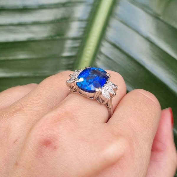 Vintage French Certified 9.13ct Oval Natural No Heat Ceylon Sapphire and Marquise Diamond Engagement Ring in Platinum