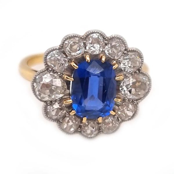 Art Deco Burma Sapphire and 2ct Diamond Cluster Engagement Ring in 18ct White Gold certified Burma origin no indication of heat treatment