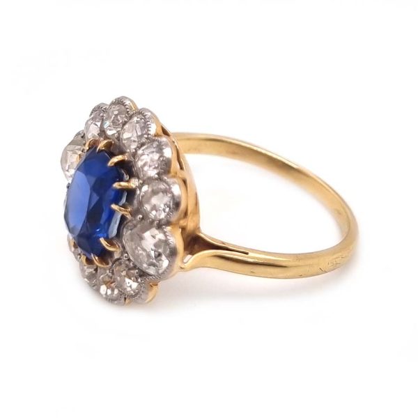Vintage 2ct Natural No Heat Burma Sapphire and 2ct Diamond Cluster Engagement Ring in 18ct White Gold certified Burma origin no indication of heat treatment