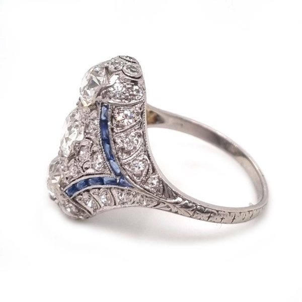 Antique Art Deco Edwardian diamond and Sapphire dinner ring, the eye catching cocktail ring set with old cut diamonds in platinum, millegrain setting 1920s