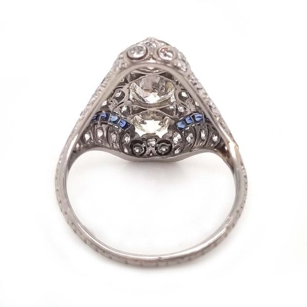 Antique Art Deco Edwardian diamond and Sapphire dinner ring, the eye catching cocktail ring set with old cut diamonds in platinum, millegrain setting 1920s