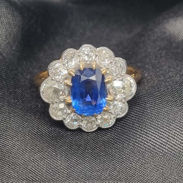 Vintage 2ct Natural No Heat Burma Sapphire and 2ct Diamond Cluster Engagement Ring in 18ct White Gold certified Burma origin no indication of heat treatment