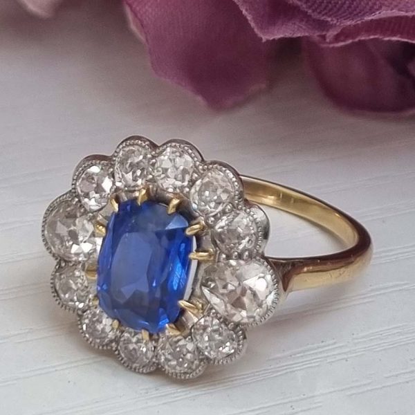 Vintage 2ct Natural No Heat Burma Sapphire and 2ct Diamond Cluster Engagement Ring in 18ct White Gold certified Burma origin no indication of heat treatment