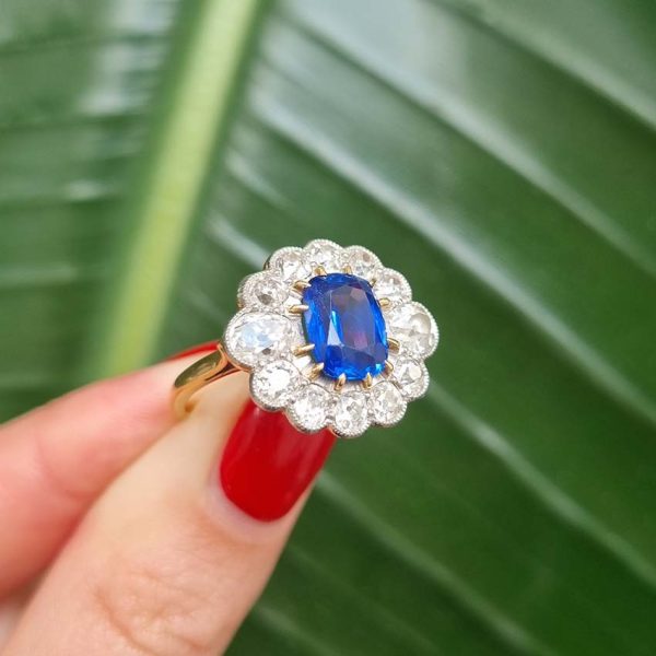 Vintage 2ct Natural No Heat Burma Sapphire and 2ct Diamond Cluster Engagement Ring in 18ct White Gold certified Burma origin no indication of heat treatment